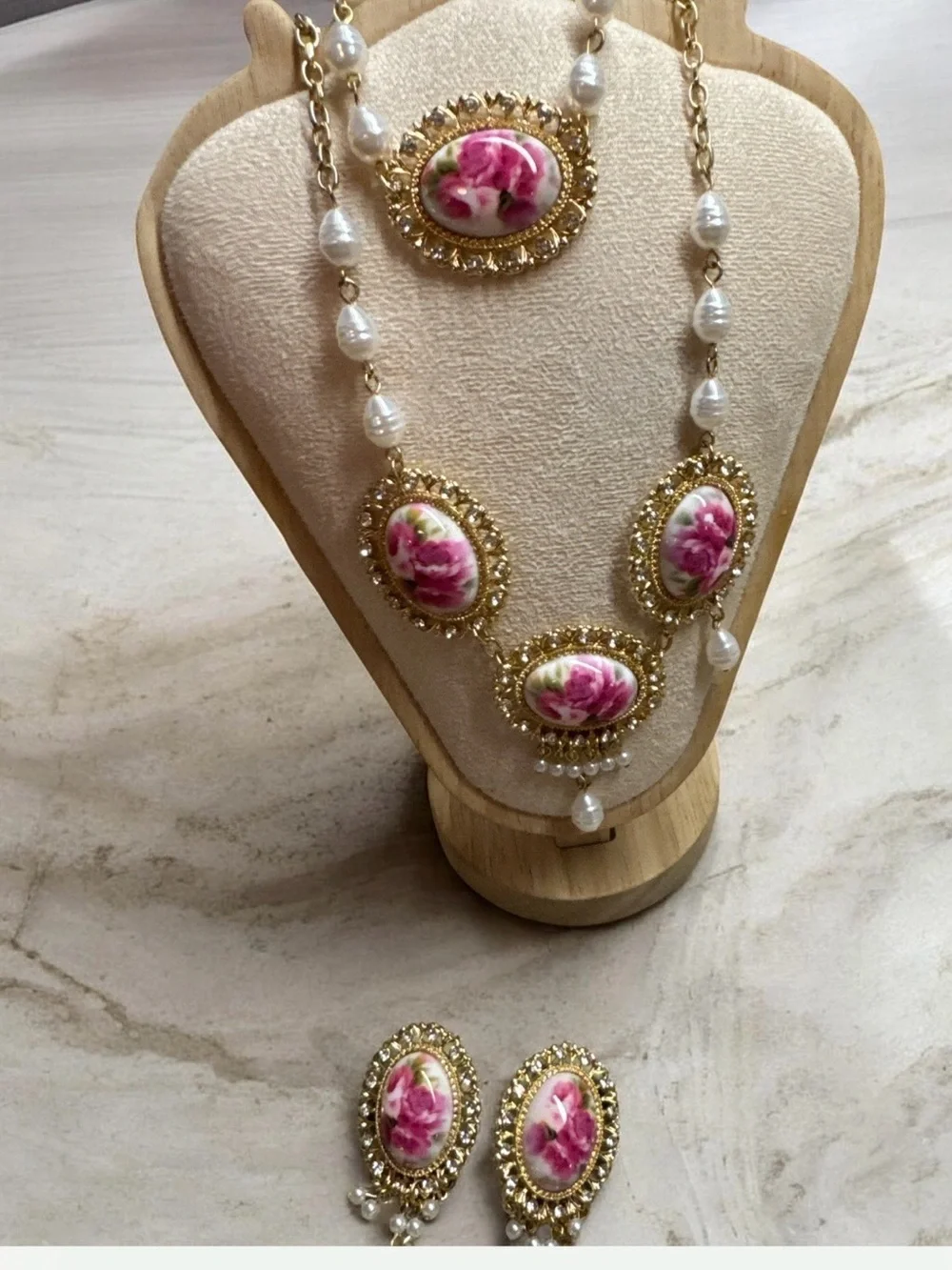 Handcrafted Pink Floral Porcelain Necklace & Earring Set